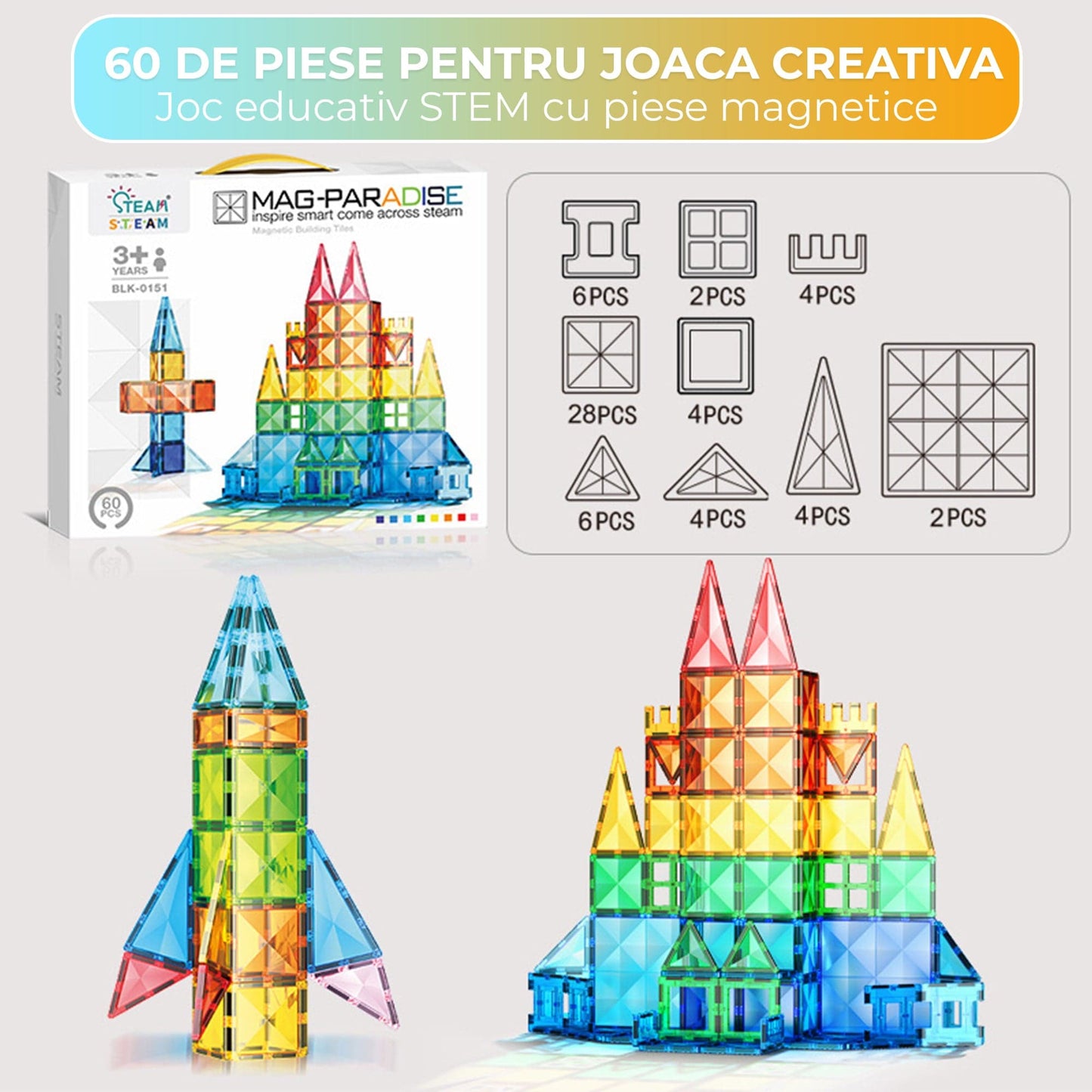 Set Constructii Magnetice 60 Piese - Joc STEM Educativ pentru Copii 3+ Ani