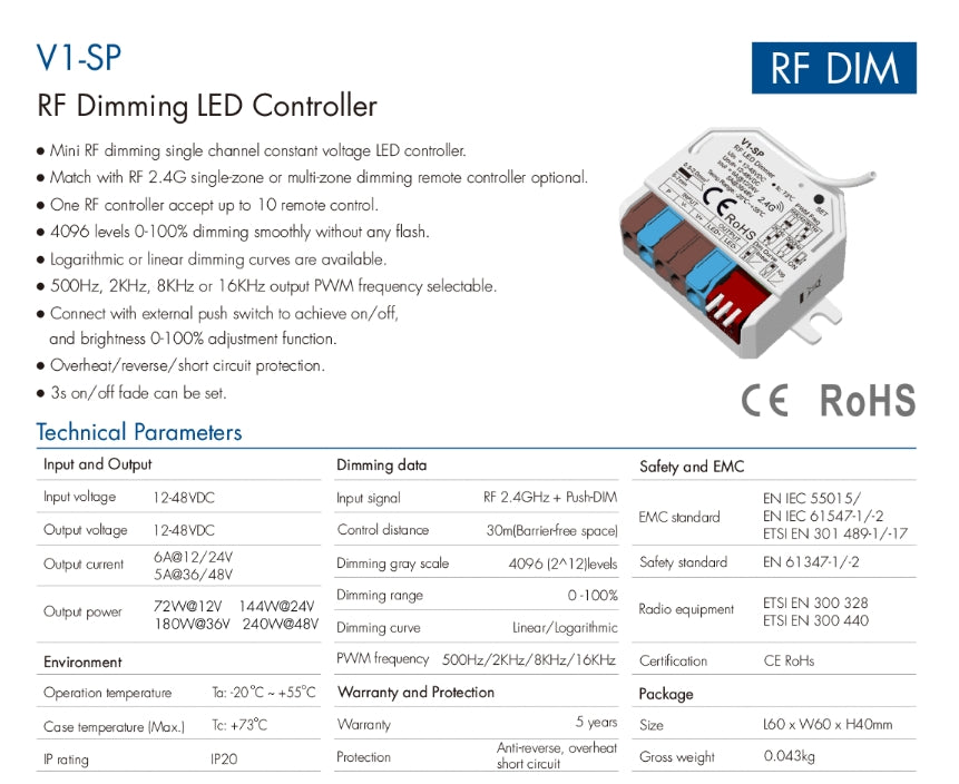 Controller LED V1-SP 12-48V DC – Dimmer RF & Push-Dim, PWM până la 16kHz