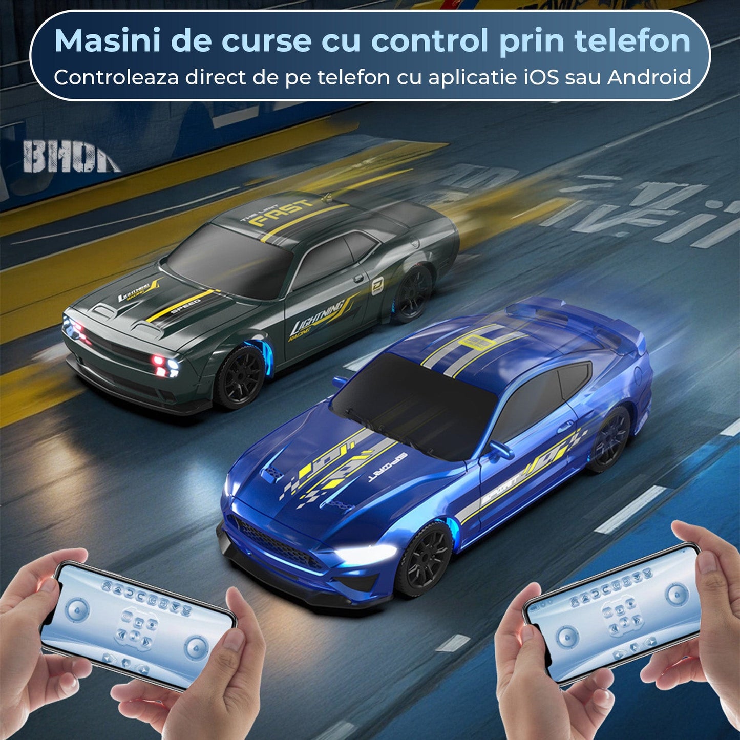 Masina RC Drift 1:43 cu Tractiune Integrala – Masinuta de Curse cu Telecomanda si Control prin Aplicatie, 2,4 GHZ, Efecte Luminoase, Jucarie Interactiva pentru Copii 7+ Ani, Ideala pentru Interior si Exterior, Albastru