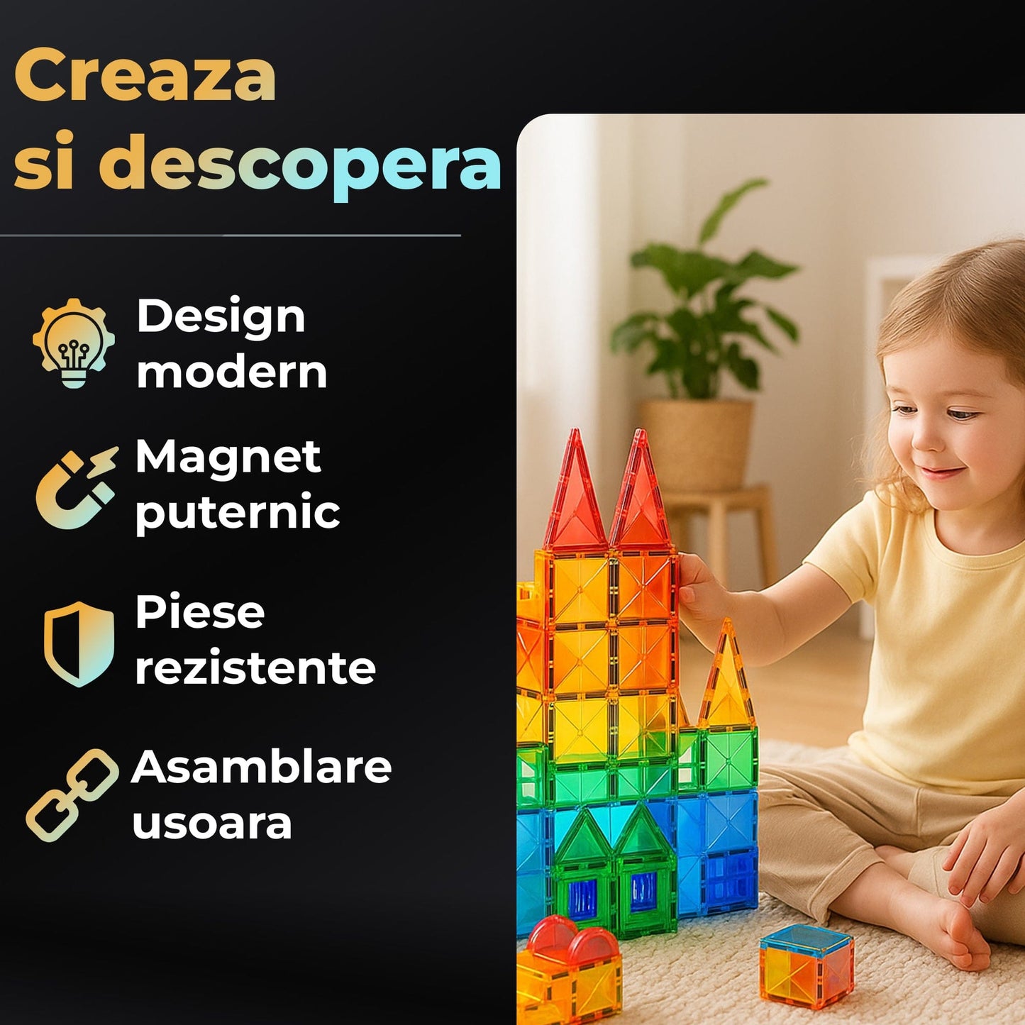 Set Constructii Magnetice 60 Piese - Joc STEM Educativ pentru Copii 3+ Ani