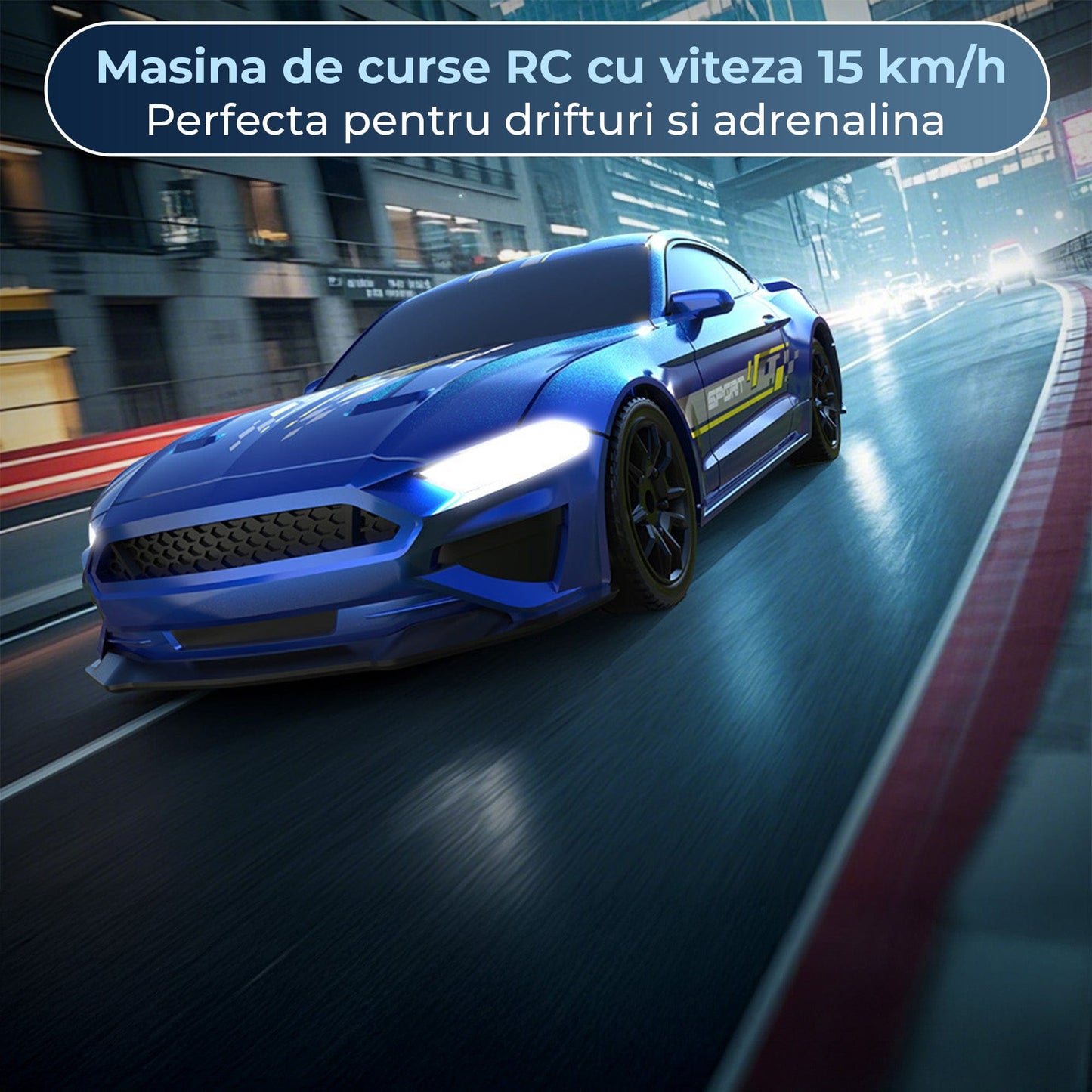 Masina RC Drift 1:43 cu Tractiune Integrala – Masinuta de Curse cu Telecomanda si Control prin Aplicatie, 2,4 GHZ, Efecte Luminoase, Jucarie Interactiva pentru Copii 7+ Ani, Ideala pentru Interior si Exterior, Albastru