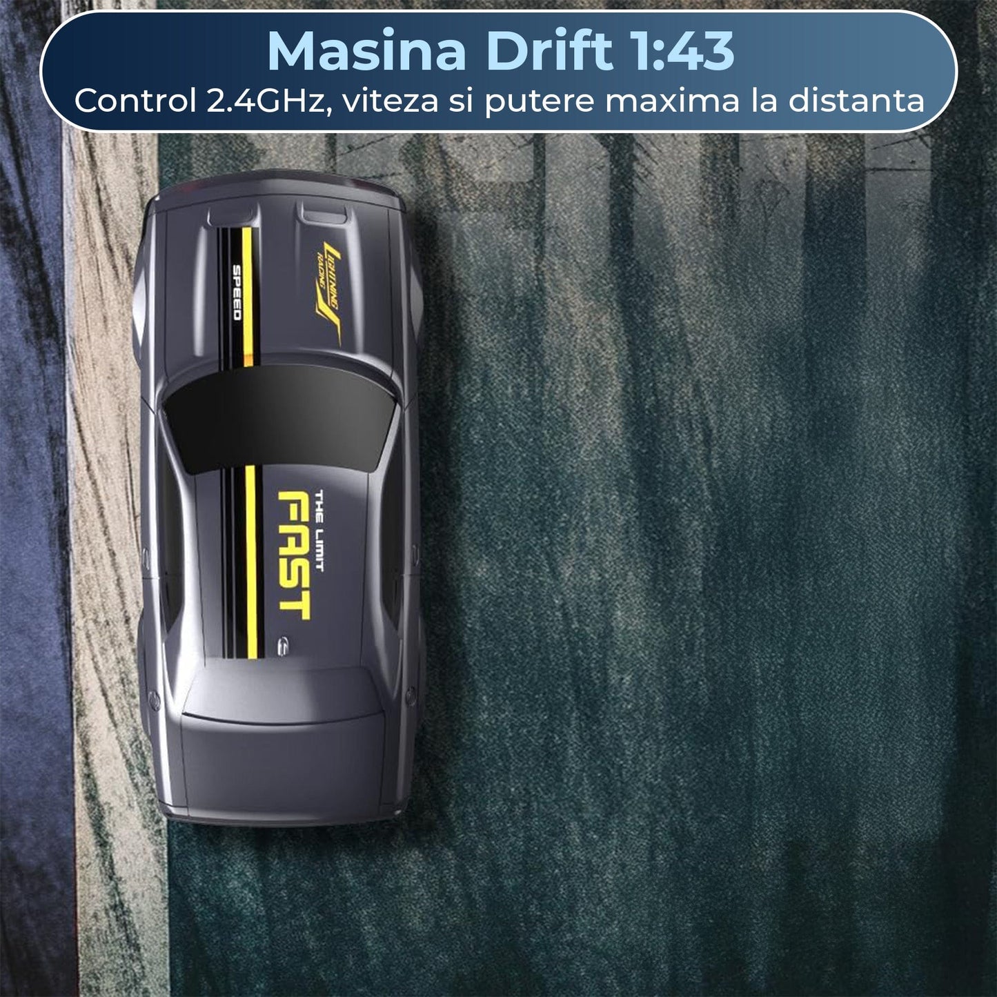 Masina RC Drift 1:43 cu Tractiune Integrala – Masinuta de Curse cu Telecomanda si Control prin Aplicatie, 2,4 GHZ, Efecte Luminoase, Jucarie Interactiva pentru Copii 7+ Ani, Ideala pentru Interior si Exterior, Gri