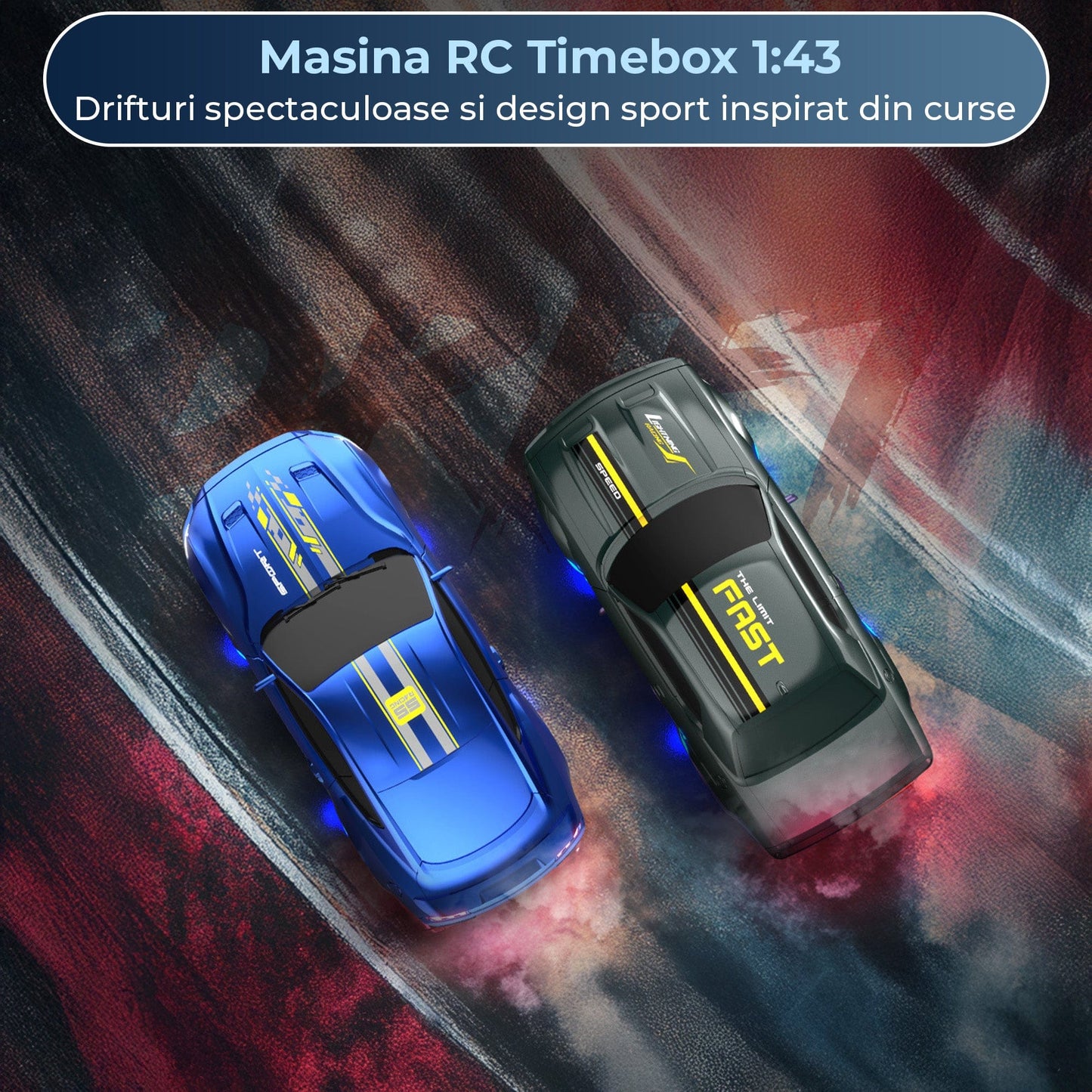 Masina RC Drift 1:43 cu Tractiune Integrala – Masinuta de Curse cu Telecomanda si Control prin Aplicatie, 2,4 GHZ, Efecte Luminoase, Jucarie Interactiva pentru Copii 7+ Ani, Ideala pentru Interior si Exterior, Albastru