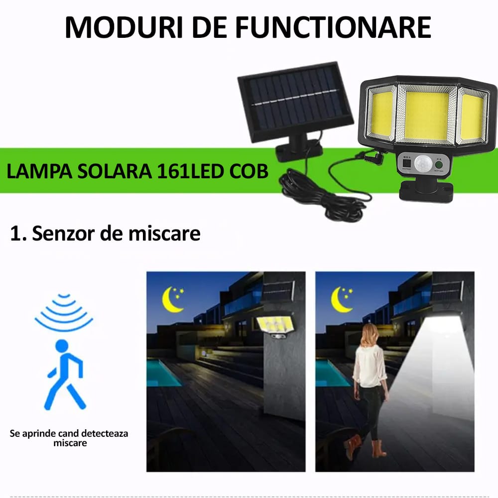 Lampă Solară 161 LED cu Senzor Mișcare și Telecomandă – Iluminare Puternică Exterior
