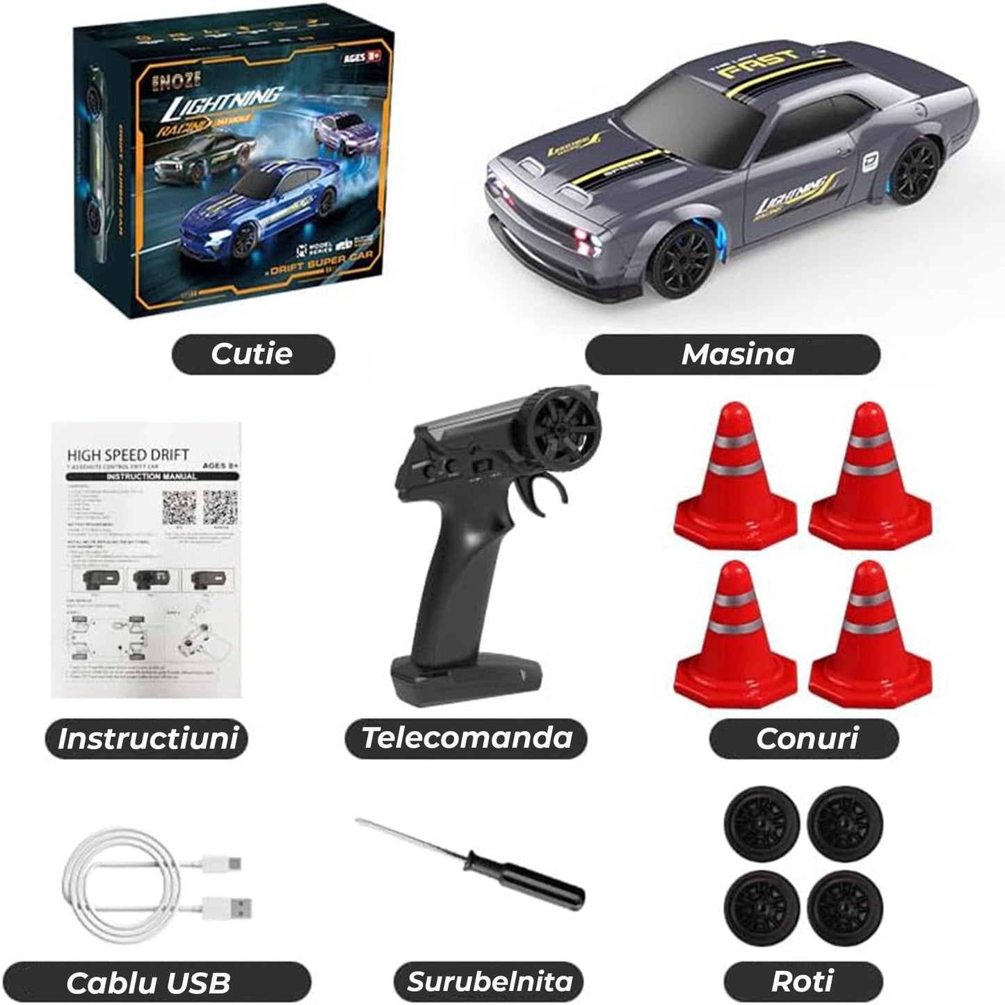 Masina RC Drift 1:43 cu Tractiune Integrala – Masinuta de Curse cu Telecomanda si Control prin Aplicatie, 2,4 GHZ, Efecte Luminoase, Jucarie Interactiva pentru Copii 7+ Ani, Ideala pentru Interior si Exterior, Gri