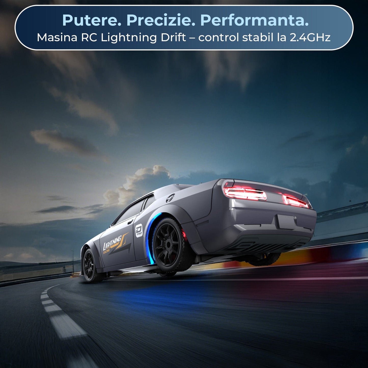 Masina RC Drift 1:43 cu Tractiune Integrala – Masinuta de Curse cu Telecomanda si Control prin Aplicatie, 2,4 GHZ, Efecte Luminoase, Jucarie Interactiva pentru Copii 7+ Ani, Ideala pentru Interior si Exterior, Albastru