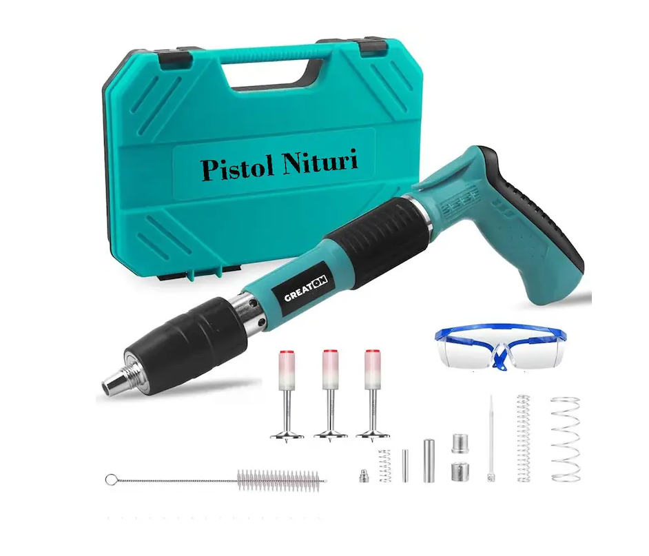Pistol pentru fixare cuie în beton și oțel – set complet cu accesorii și valiză transport