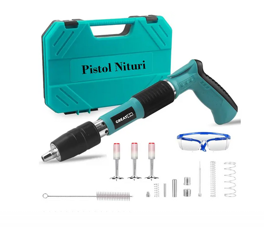 Pistol pentru fixare cuie în beton și oțel – set complet cu accesorii și valiză transport