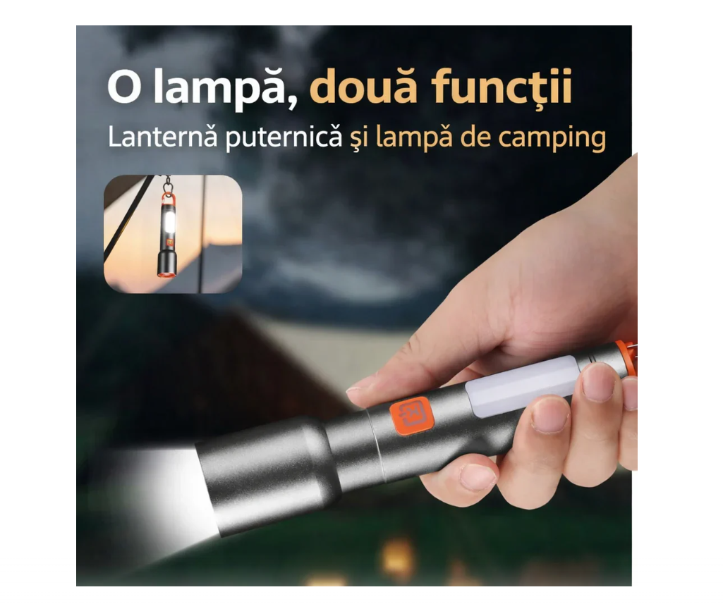 Lanternă LED Reîncărcabilă 2 în 1 – Compactă, USB, Puternică