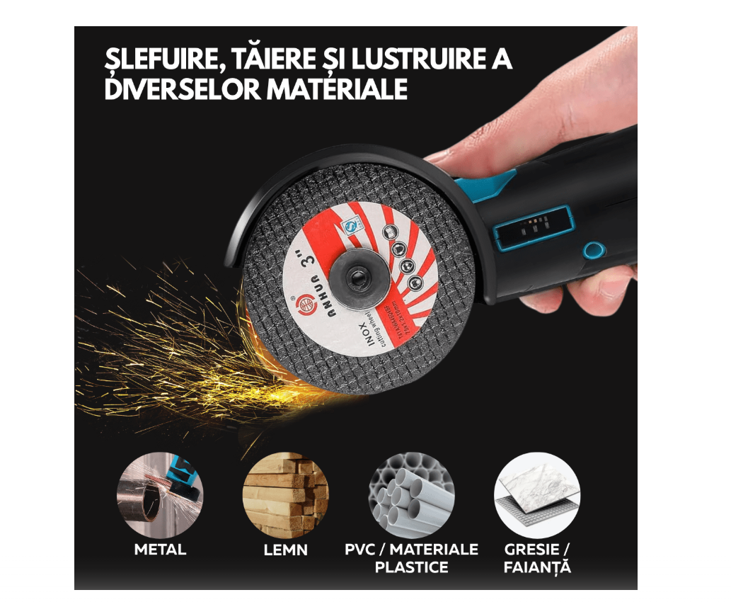 Mini Polizor unghiular portabil cu 2 acumulatori și discuri incluse