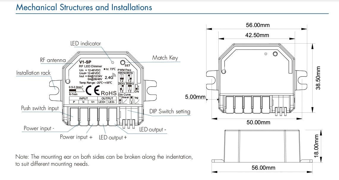 Controller LED V1-SP 12-48V DC – Dimmer RF & Push-Dim, PWM până la 16kHz