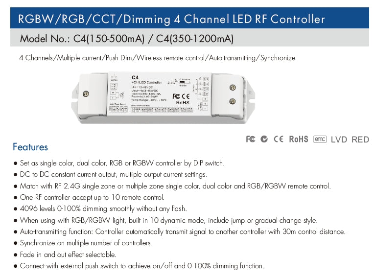 Controller LED C4 – 4 Canale Constant Current, RGB / RGBW / CCT