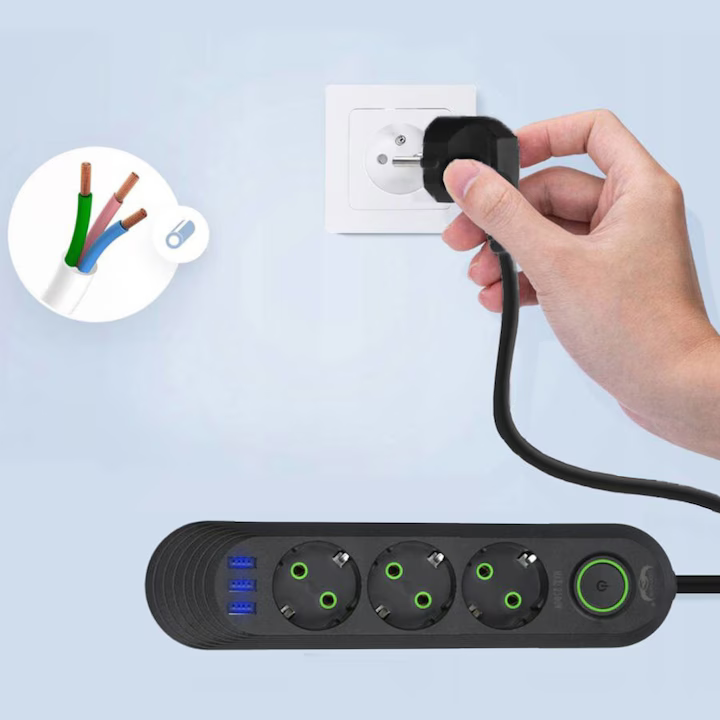 Prelungitor Multifuncțional 3 Prize + 3 USB