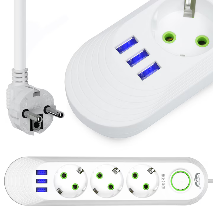 Prelungitor Multifuncțional 3 Prize + 3 USB
